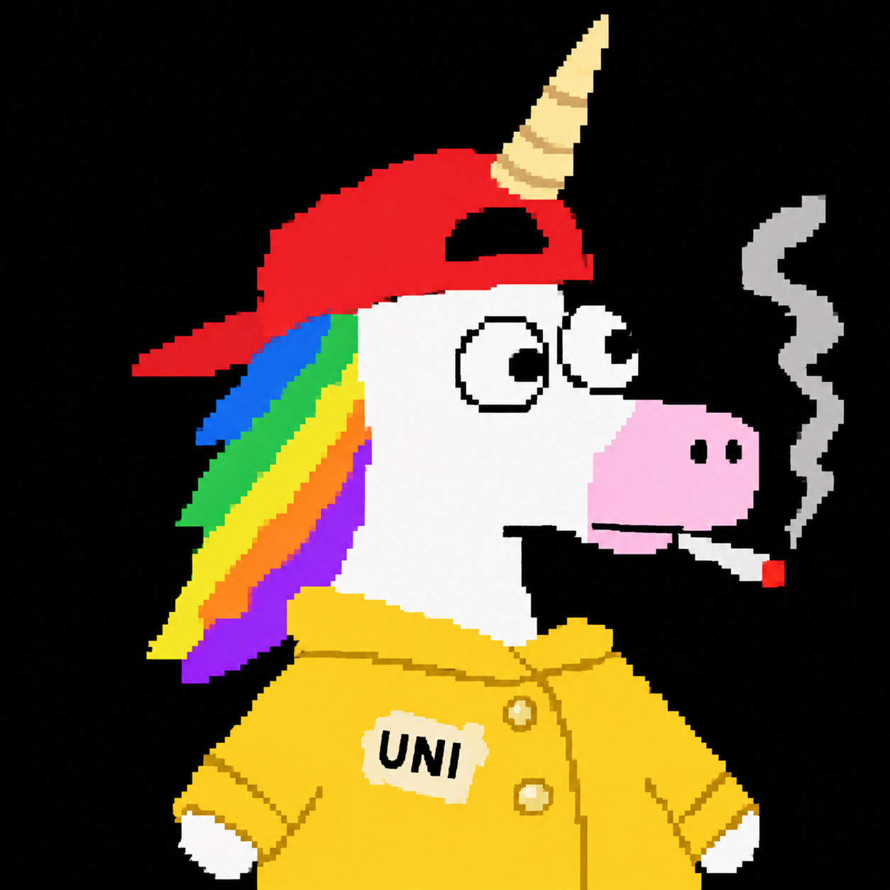 $UNI unicorn in a red cap and yellow jacket